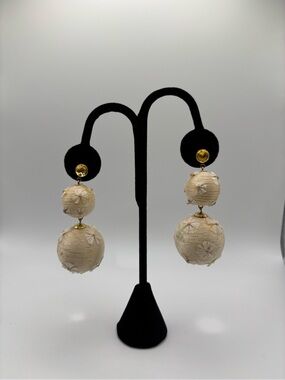 Cream Double-Ball Drop Earrings with Gold Accents